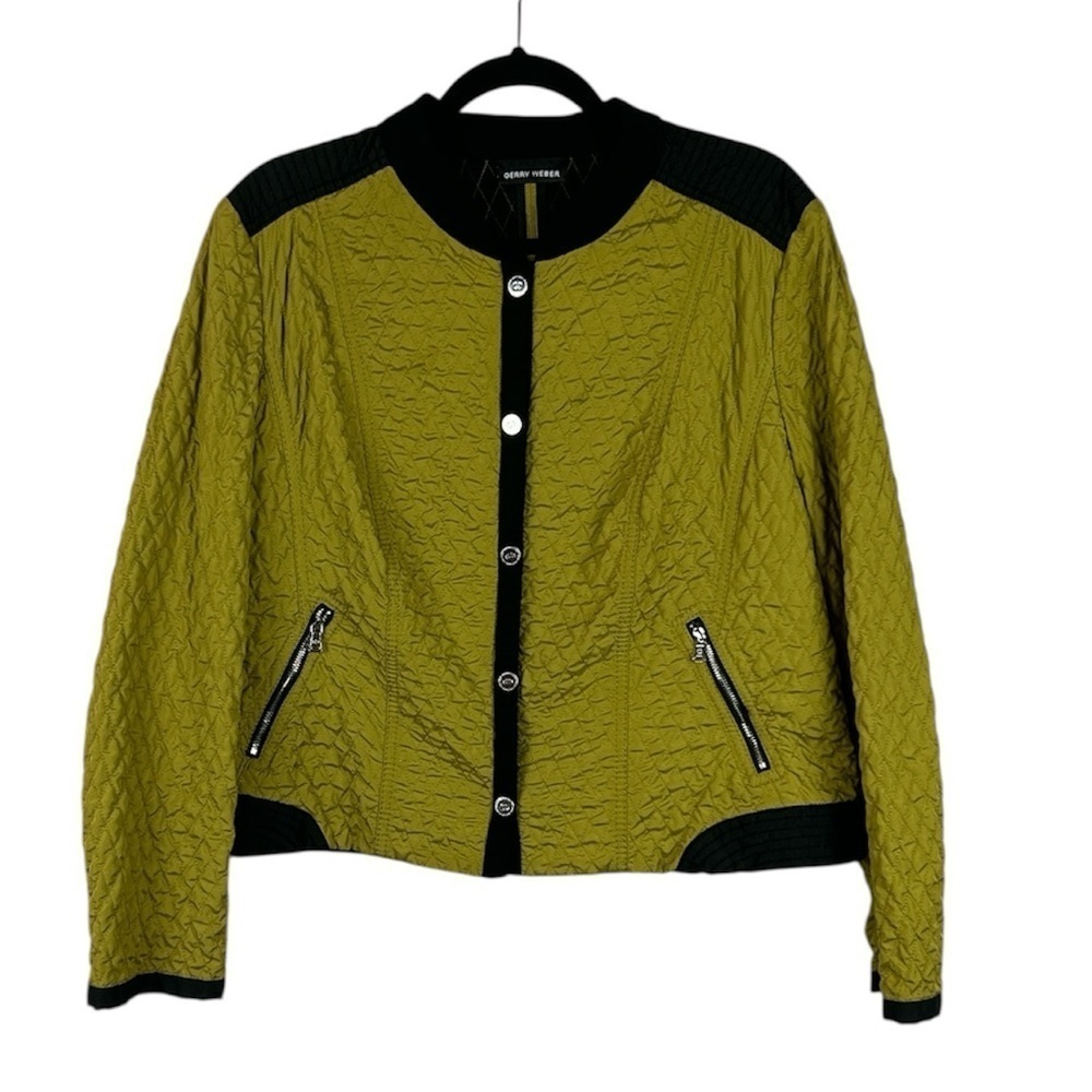 Gerry Weber Casual Quilted Sporty Snap Front Bomber Jacket Size 14 Olive Black